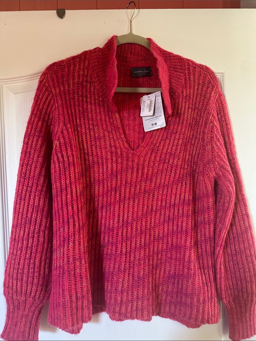 Wooden Ships Pink-Red Ribbed V-Neck Sweater